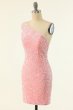 Pink One Shoulder Sequins Tight Homecoming Dress E202283188