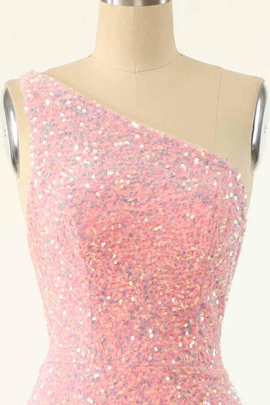 Pink One Shoulder Sequins Tight Homecoming Dress E202283188
