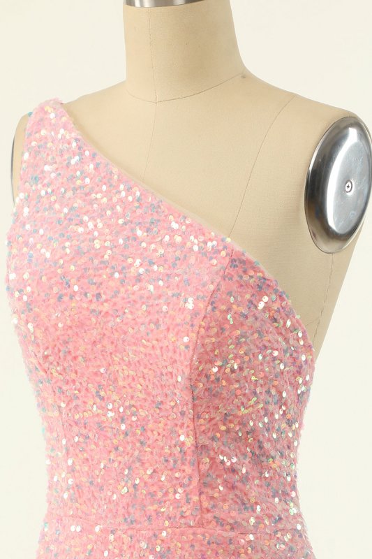 Pink One Shoulder Sequins Tight Homecoming Dress E202283188
