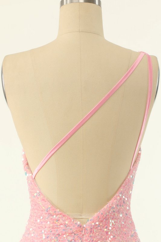 Pink One Shoulder Sequins Tight Homecoming Dress E202283188