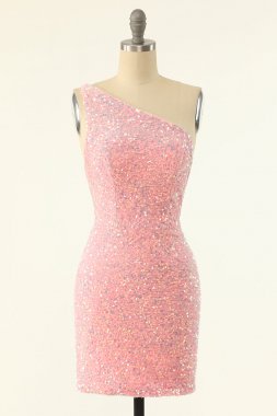 Pink One Shoulder Sequins Tight Homecoming Dress E202283188