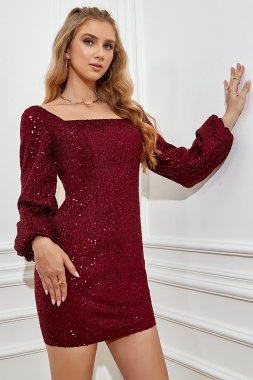 Burgundy Tight Sequins Homecoming Dress with Sleeves E202283635