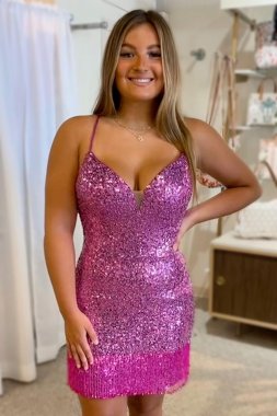Purple Sequins Tight Homecoming Dress with Fringes E202283642