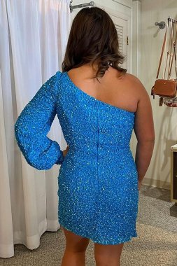 Blue One Shoulder Sequins Tight Homecoming Dress E202283644
