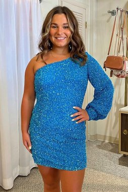 Blue One Shoulder Sequins Tight Homecoming Dress E202283644