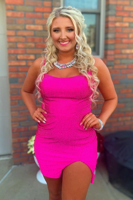 Sparkly Lace-Up Back Sequins Fuchsia Tight Short Homecoming Dress E202283654