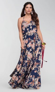 V-Neck Floral-Print Long Bridesmaid Dress KL-200116