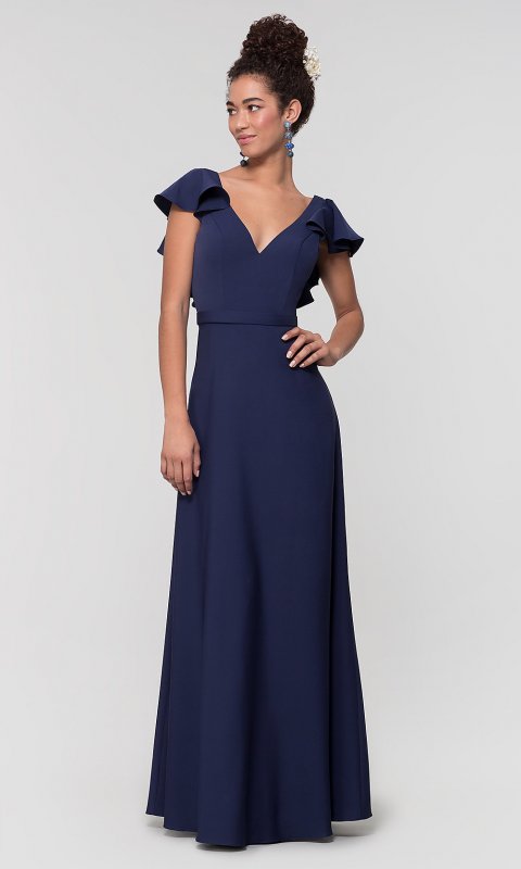 Ruffled-Cap-Sleeve Long Bridesmaid Dress KL-200142