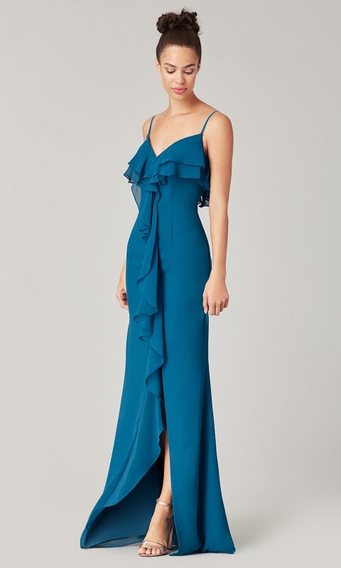 Long V-Neck Bridesmaid Dress with Ruffles KL-200206