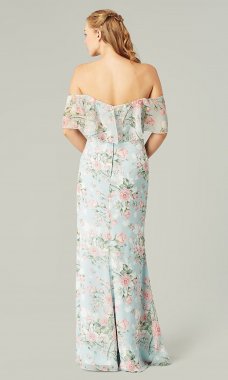 Long Blue Floral-Print Bridesmaid Dress KL-200222