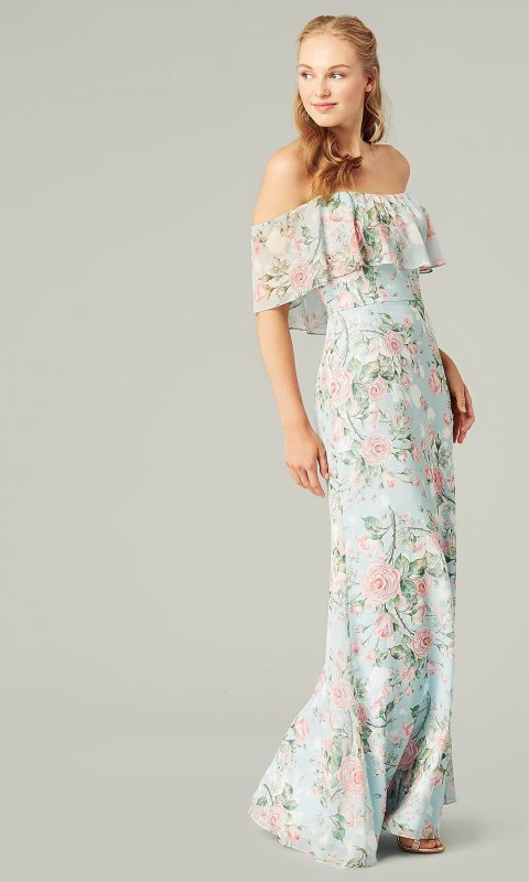 Long Blue Floral-Print Bridesmaid Dress KL-200222
