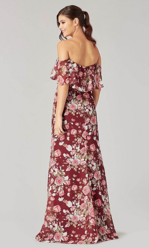 Long Blue Floral-Print Bridesmaid Dress KL-200222