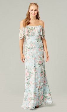 Long Blue Floral-Print Bridesmaid Dress KL-200222