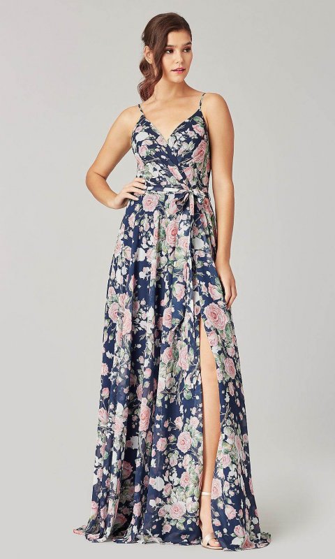 Floral Print Long V-Neck Bridesmaid Dress KL-200223