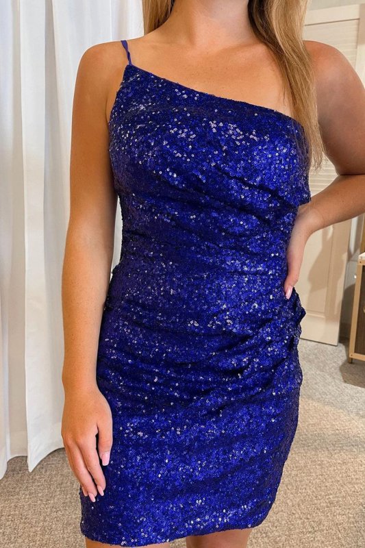 Royal Blue Spaghetti Straps Open Back Bodycon Sequins Homecoming Dress E202283802