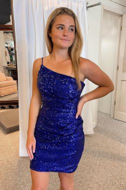 Royal Blue Spaghetti Straps Open Back Bodycon Sequins Homecoming Dress E202283802
