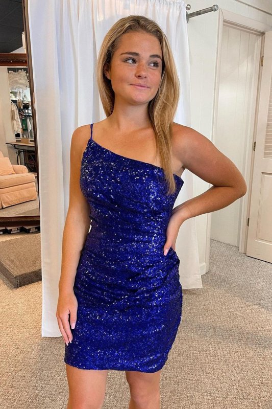 Royal Blue Spaghetti Straps Open Back Bodycon Sequins Homecoming Dress E202283802