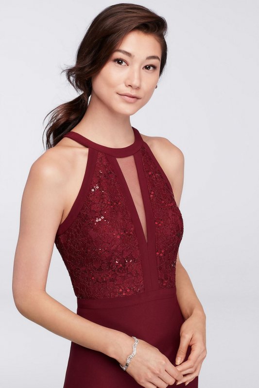 Long Halter Lace Dress with Illusion Cutout 21434