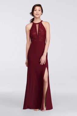 Long Halter Lace Dress with Illusion Cutout 21434