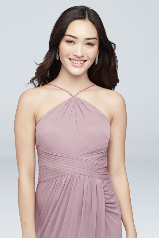 Y-Neck Mesh Bridesmaid Dress with Pleated Waist AP2E204566
