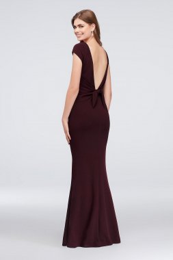 Cap-Sleeve Crepe Sheath Gown with Deep-V Bow Back C37241DDNE