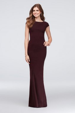 Cap-Sleeve Crepe Sheath Gown with Deep-V Bow Back C37241DDNE