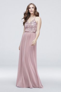 Sequin Bodice V-Neck Dress with Mesh Skirt DS270019