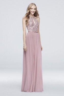 High-Neck Sequin and Mesh Gown with Keyhole DS270021