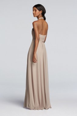 Long Mesh Dress with Lace Halter Bodice F19025
