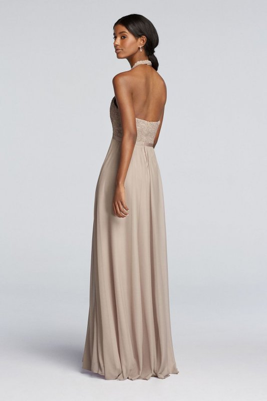 Long Mesh Dress with Lace Halter Bodice F19025