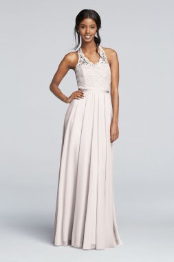 Long Mesh Dress with Lace Halter Bodice F19025