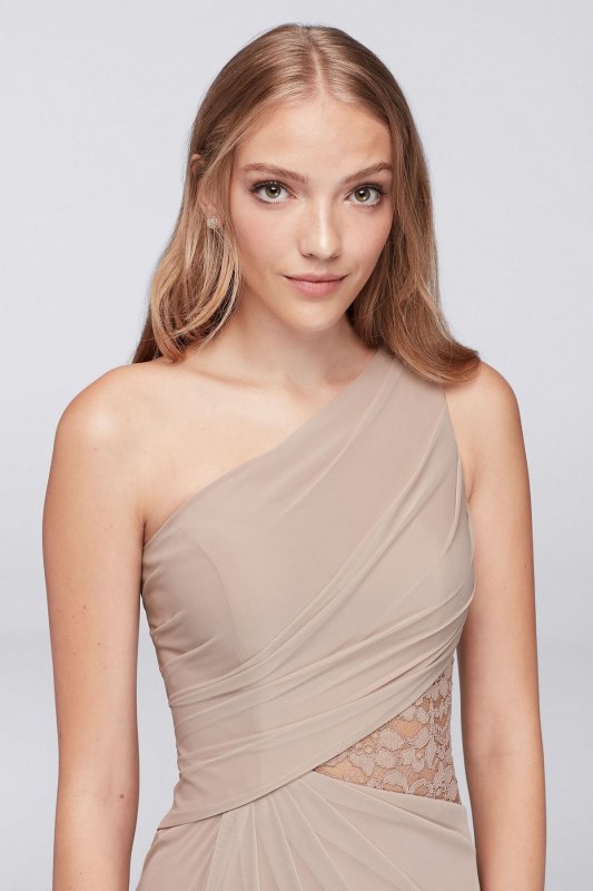 One-Shoulder Mesh Bridesmaid Dress with Lace Inset F19419