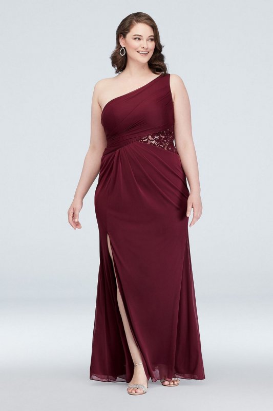 One-Shoulder Mesh Bridesmaid Dress with Lace Inset F19419