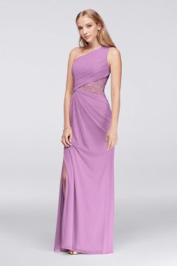 One-Shoulder Mesh Bridesmaid Dress with Lace Inset F19419