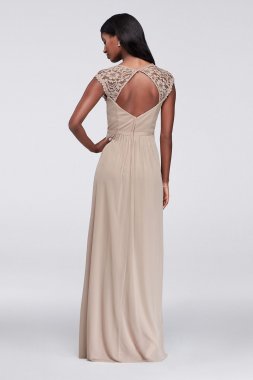 Long Mesh Dress with Lace Cap Sleeves F19505