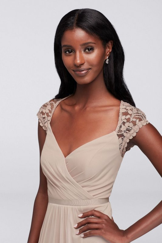 Long Mesh Dress with Lace Cap Sleeves F19505