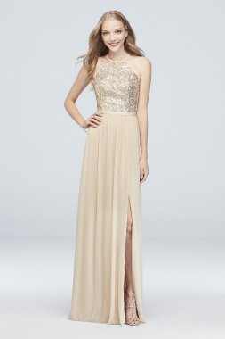 Open-Back Sequin and Mesh Bridesmaid Dress F19608S