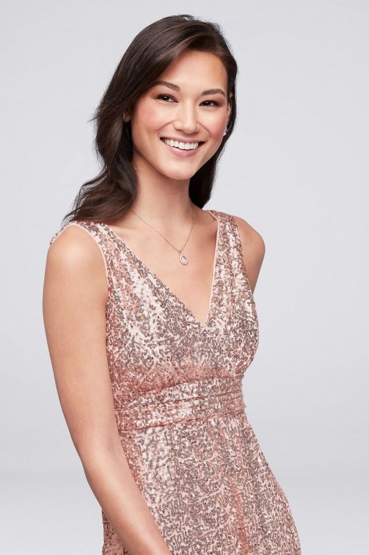 Sequin V-Neck Bridesmaid Dress with Satin Piping F19787