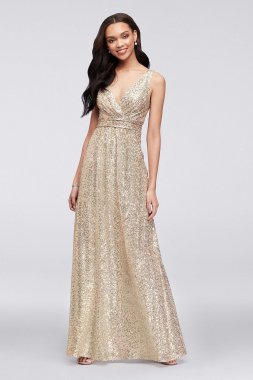 Sequin V-Neck Bridesmaid Dress with Satin Piping F19787