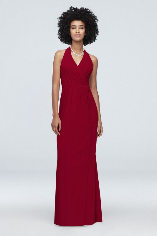 Faux-Wrap Mesh Halter Bridesmaid Dress F19836