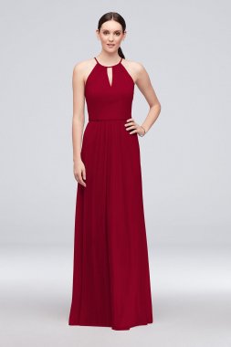 High-Neck Long Mesh Bridesmaid Dress with Keyhole F19888