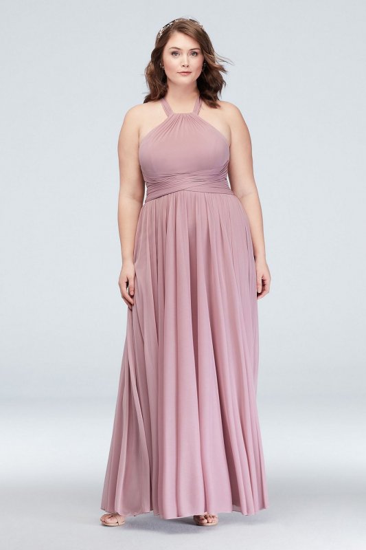 High-Neck Mesh Bridesmaid Dress with Full Skirt F19931