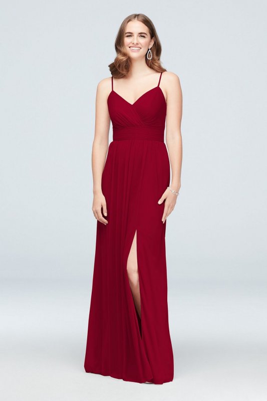Spaghetti Strap Ruched Waist Mesh Bridesmaid Dress F19944
