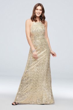 High-Neck Allover Sequin Bridesmaid Dress F19980