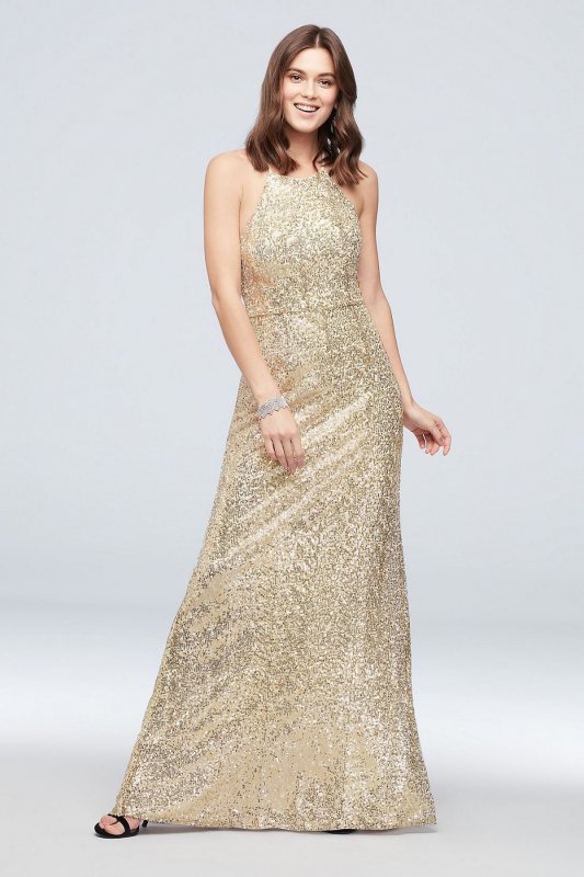 High-Neck Allover Sequin Bridesmaid Dress F19980