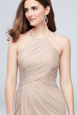 High-Neck Mesh Bridesmaid Dress with Lace Inset F19985