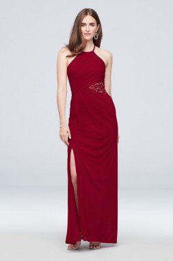 High-Neck Mesh Bridesmaid Dress with Lace Inset F19985
