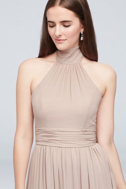 Tie Mock-Neck Ruched Georgette Bridesmaid Dress F19997