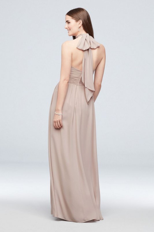 Tie Mock-Neck Ruched Georgette Bridesmaid Dress F19997