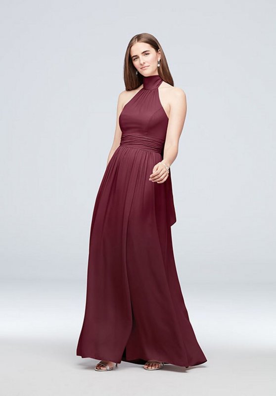 Tie Mock-Neck Ruched Georgette Bridesmaid Dress F19997